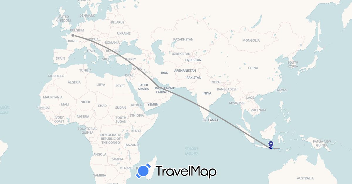TravelMap itinerary: driving, plane, boat in France, Indonesia, Qatar (Asia, Europe)